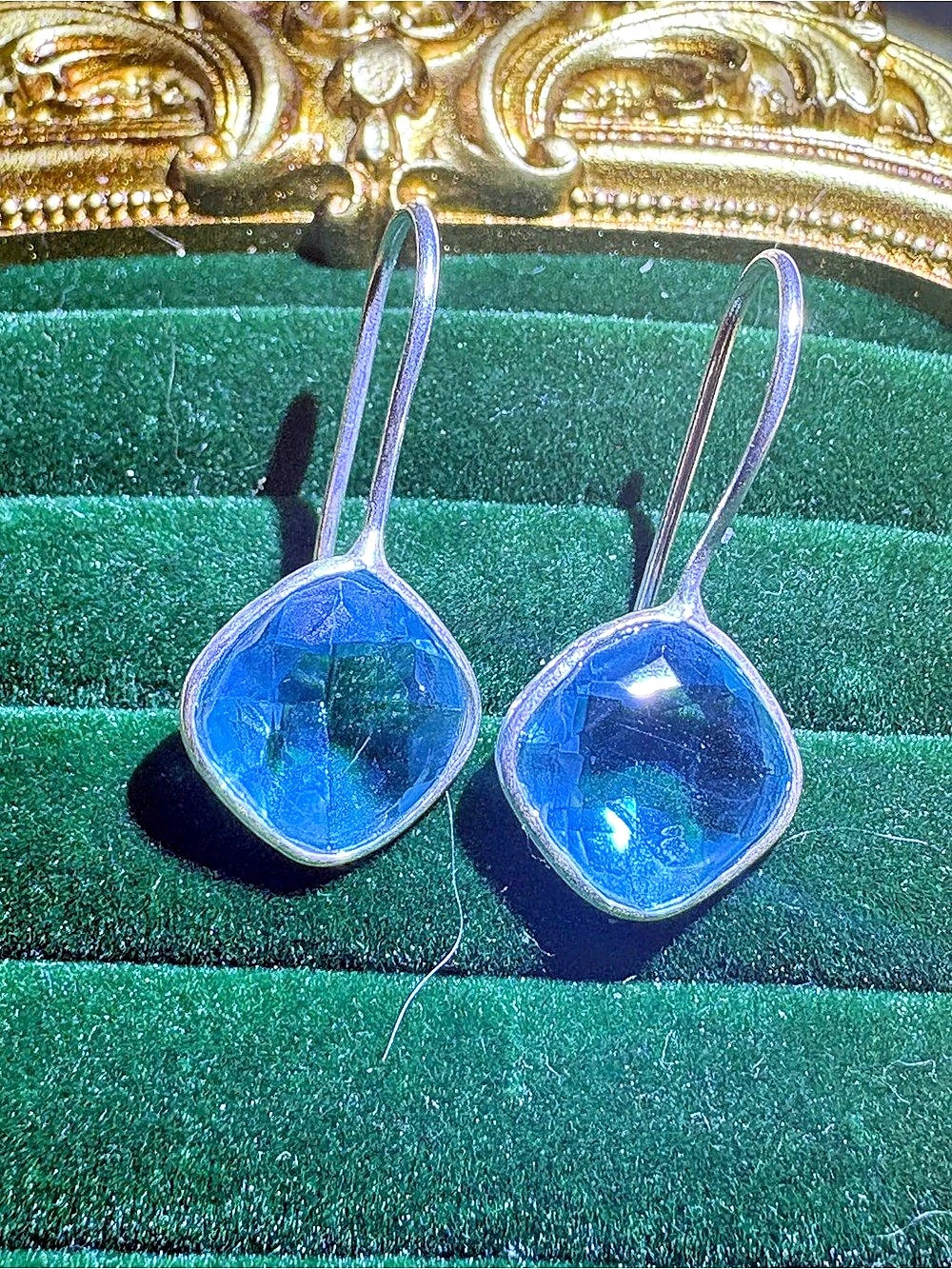 Handmade Blue topaz Faceted Drop Earrings New silver, but unmarked